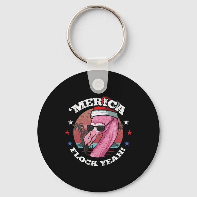 Merica Christmas In July Cool Flamingo Summer Trop Keychain (Front)
