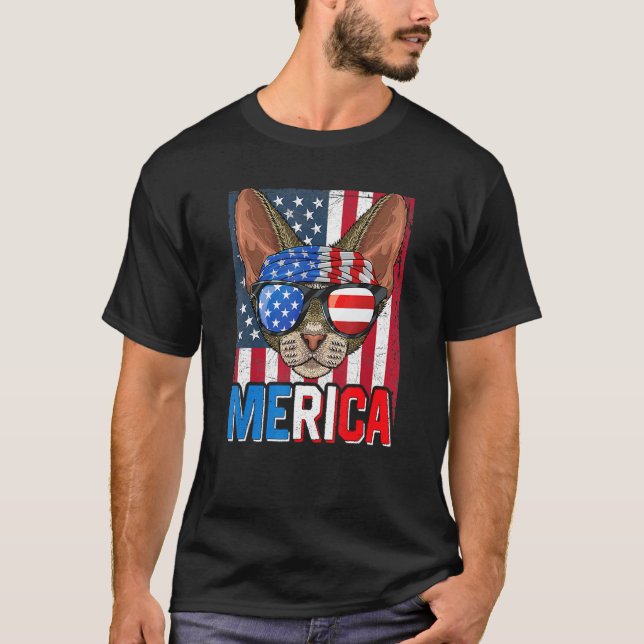 Merica Devon Rex Cat 4th Of July  American Flag 1 T-Shirt (Front)