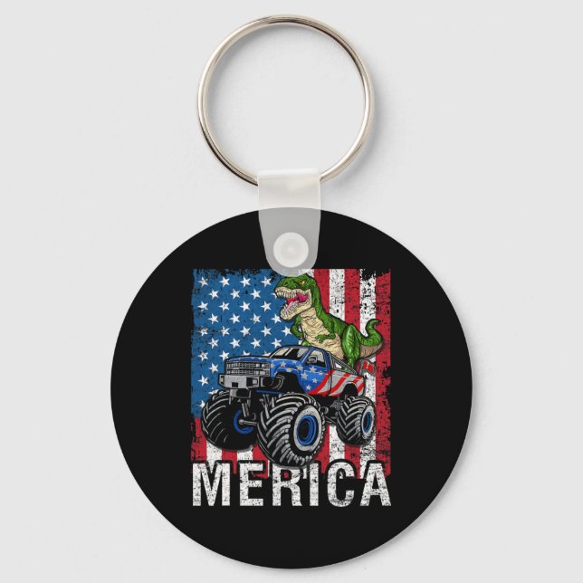 Merica Dinosaur Monster Truck American Flag 4th Of Keychain (Front)
