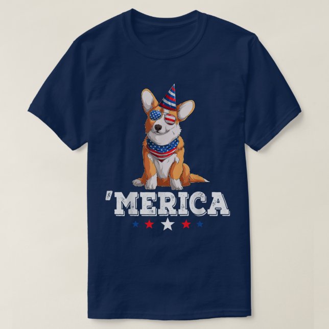 Merica Dog 4th of July USA American Flag Corgi  T-Shirt (Design Front)