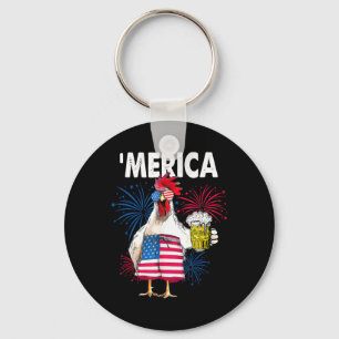 Merica Funny Chicken With Beer Usa American Flag 4 Keychain