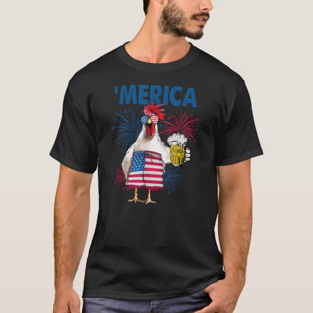 Merica Funny Chicken with beer USA Flag 4th of T-Shirt (Front)