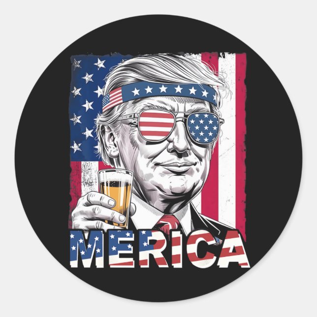 Merica Funny Trump Men Drinking Beer  Classic Round Sticker (Front)