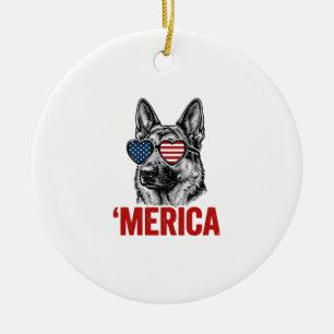 Merica German Shepherd Flag Sunglasses Shirt Desig Ceramic Ornament