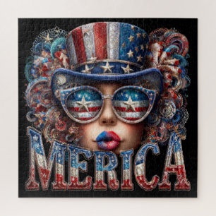 Merica Girl, Fourth of July Glam Girl with Stars  Jigsaw Puzzle