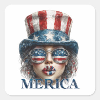 Merica Girl, Fourth of July Glam Girl with Stars Square Sticker