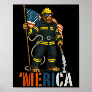 Merica Labour Day Firefighter Bigfoot Blue Collar Poster