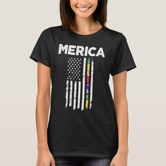 Merica LGBTQ American Flag USA Pride Ally Rainbow  T-Shirt (Front)