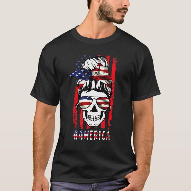 Merica Messy Bun Skull 4th Of July American Flag W T-Shirt (Front)