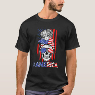 Merica Messy Bun Skull 4th Of July American Flag W T-Shirt