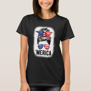 Merica Messy Bun Women Girls American Flag Usa 4th T-Shirt