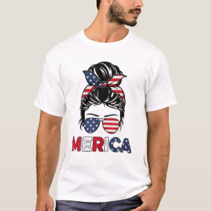 Merica Mom Girl American Flag Messy Bun Hair 4Th O T-Shirt