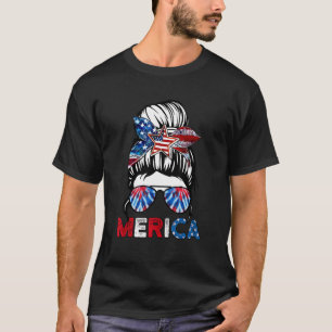 Merica Mom Girl American Flag Messy Bun Hair 4th O T-Shirt