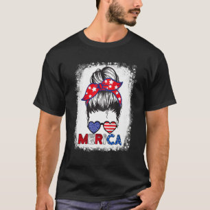 Merica Mom Girl American Flag Messy Bun Hair 4th O T-Shirt