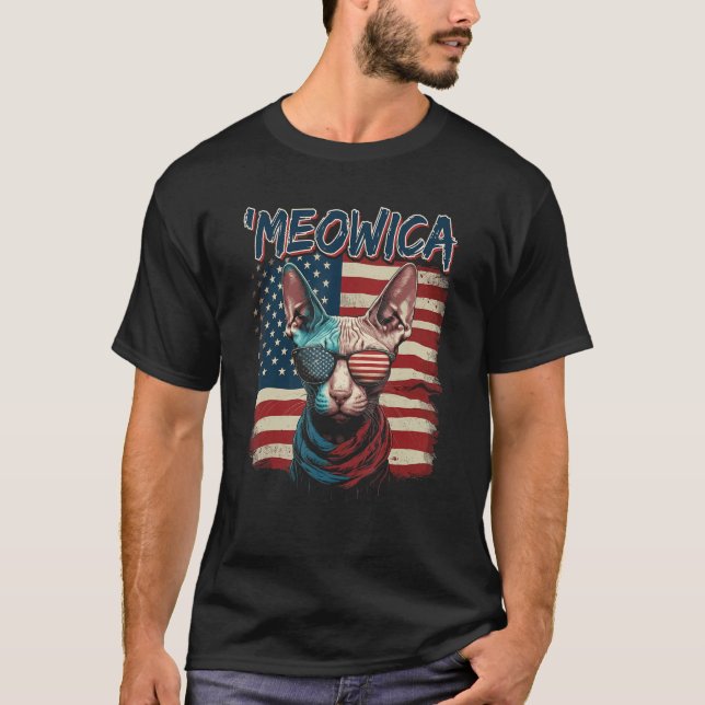 Merica Patriotic Sphynx Cat Meowica 4th of July Ca T-Shirt (Front)