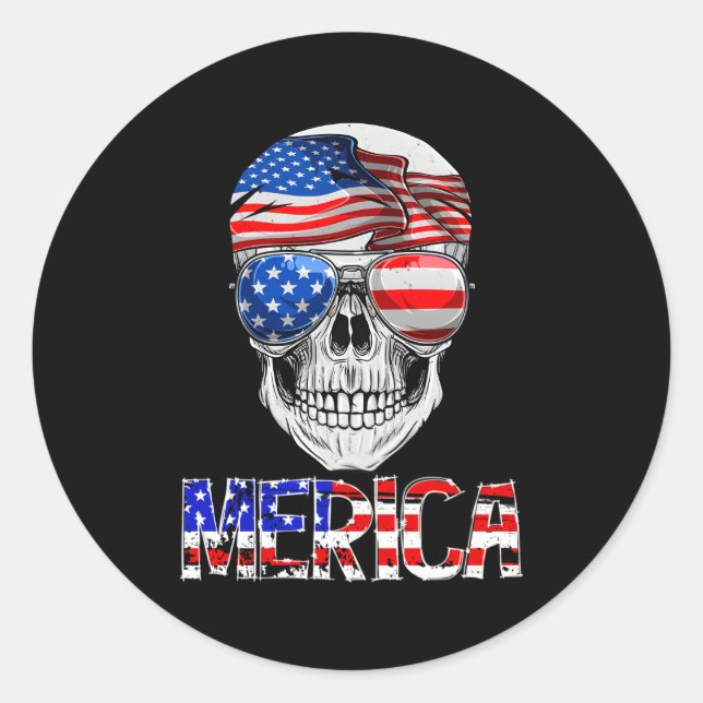 Merica Skull 4Th Of July American Flag Patriotic Classic Round Sticker (Front)