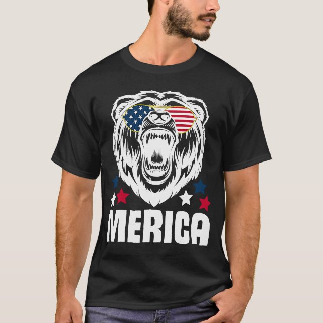 Merica Sunglasses 4th of July American Flag Bear T-Shirt (Front)