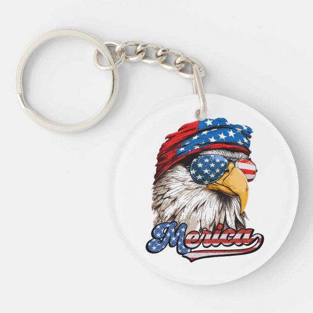 Merica, USA Patriotic Eagle Flag, 4th of July Keychain (Front)