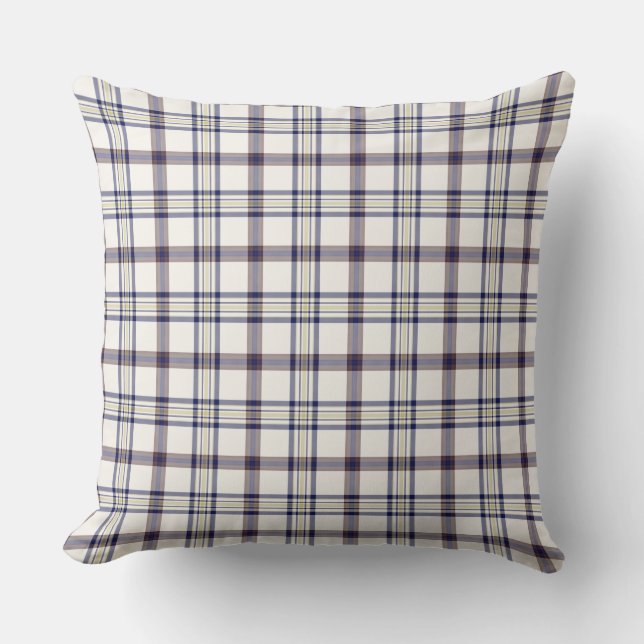 Merino White and Blue Zodiac Plaid Throw Pillow (Front)