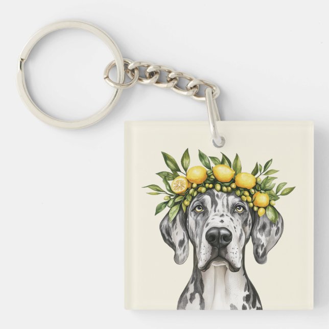 Merle Great Dane Dog Lemon Crown Keychain (Front)