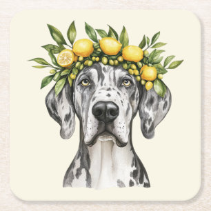 Merle Great Dane Dog Lemon Crown Square Paper Coaster