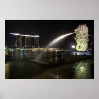 Merlion along Singapore River Marina at Night Poster