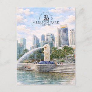 Merlion Park Singapore Watercolor Landmark Postcard