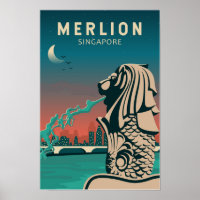 Merlion Singapore Travel Vintage Art