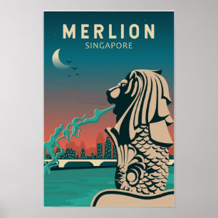 Merlion Singapore Travel Vintage Art Poster