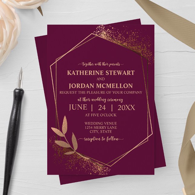 Merlot and Bronze Fall Leaf Geometric Wedding Invitation (Creator Uploaded)