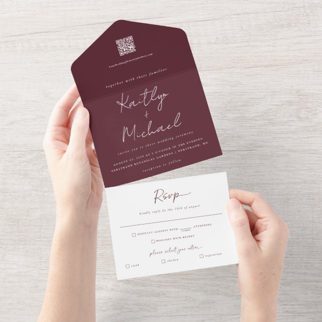 Merlot Burgundy Wedding Modern All in One All In One Invitation (Tearaway)