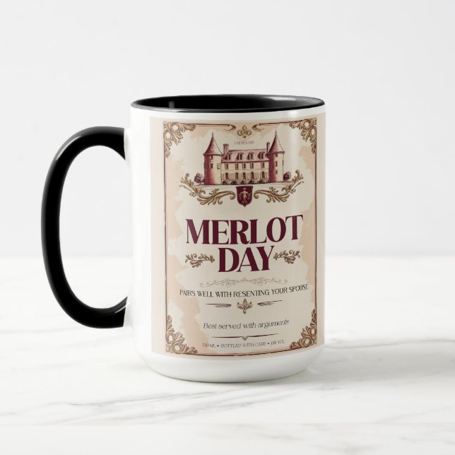 Merlot Day – Marriage Survival Parody Wine Label Mug (Left)