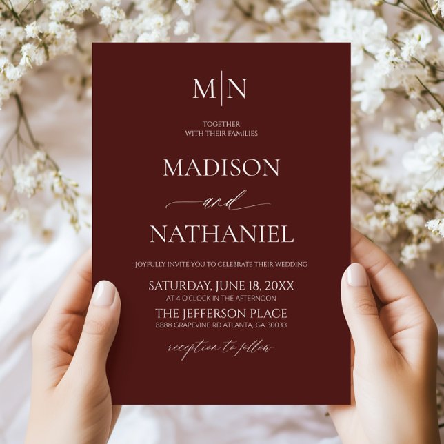 Merlot Deep Burgundy Minimalist Initial Wedding Invitation (Creator Uploaded)
