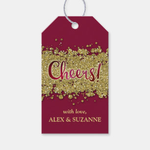 Merlot/Gold Faux-Glitter Cheers Custom Gift Tags