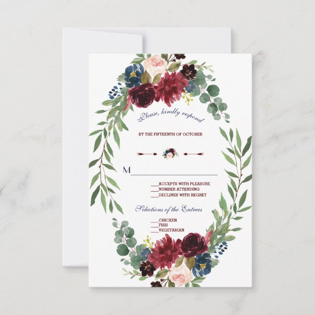 Merlot Marine Bleu Floral Fleur Mariage RSVP (Devant)