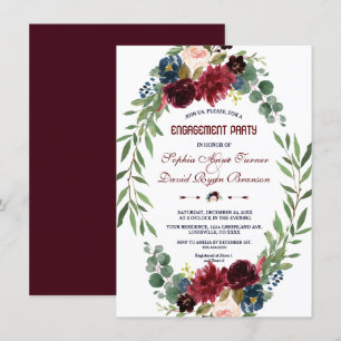 Merlot Navy Blue Floral Bloom Engagement Party Invitation