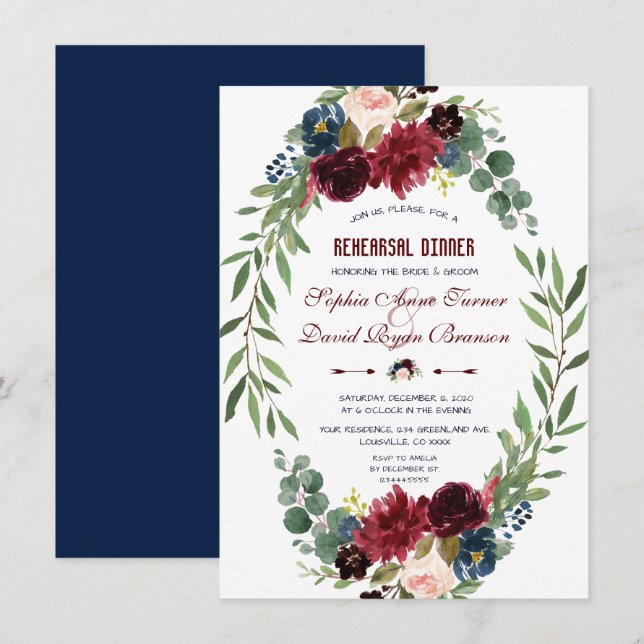 Merlot Navy Blue Floral Bloom Rehearsal Dinner Invitation (Front/Back)