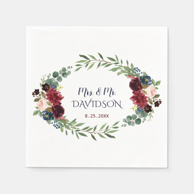 Merlot Navy Blue Floral Bloom Wedding Planner Napkin (Front)