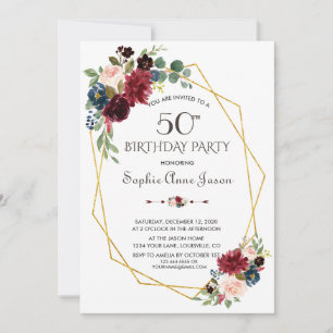 Merlot Navy Blue Floral Gold Frame 50th Birthday Invitation