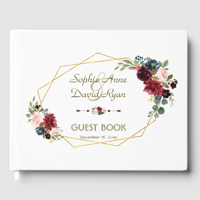 Merlot Navy Blue Floral Gold Frame Wedding Guest Book (Front)