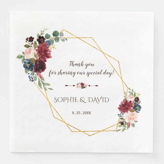 Merlot Navy Blue Floral Gold Frame Wedding Napkin (Front)