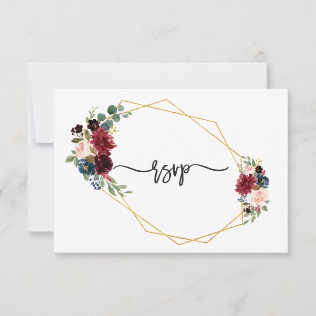 Merlot Navy Blue Floral Gold Frame Wedding RSVP Card (Front)