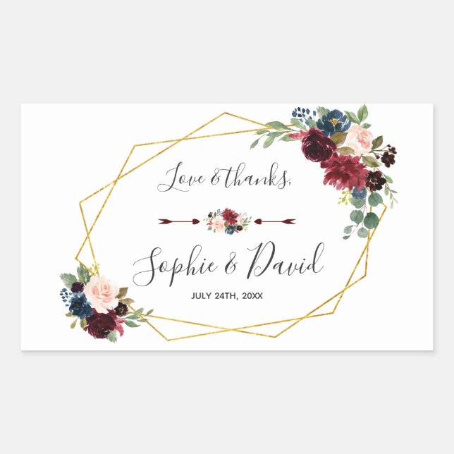 Merlot Navy Blue Floral Gold Frame Wedding Sticker (Front)