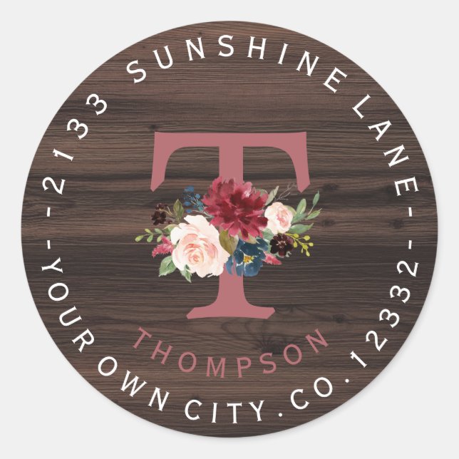 Merlot Navy Floral Monogram Circular Address Label (Front)