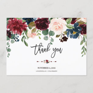 Merlot Navy Floral Wedding Handwriting Thank you