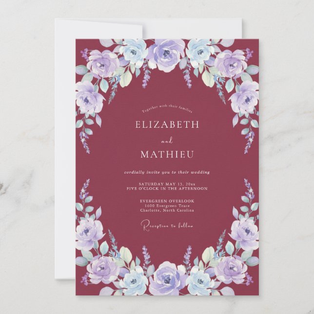Merlot Periwinkle Wreath Wedding Invitation (Front)