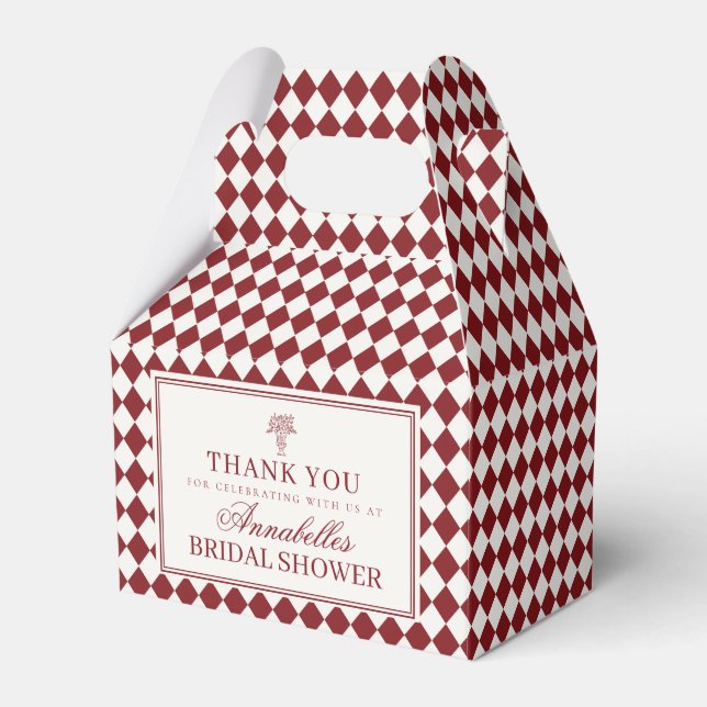 Merlot Red Harlequin Checkered Bridal Shower Favor Box (Front Side)