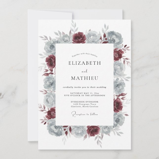Merlot Slate Peony Wedding Invitation (Front)