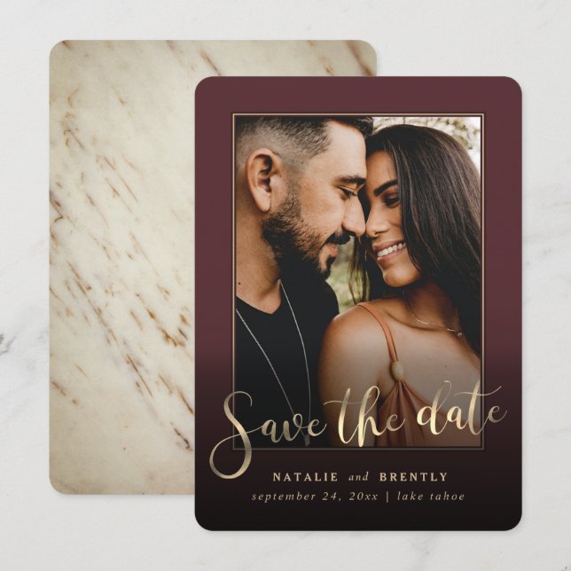 Merlot Wine Red Gold Script & Marble Photo Overlay Save The Date (Front/Back)