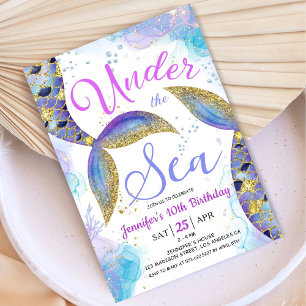 Mermaid 10th Birthday Girl Pink Gold Under the Sea Invitation